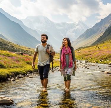 couple walking through a steam in the valley of flowers