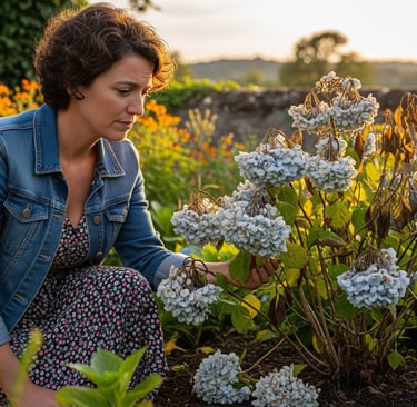 woman examining wilted hydrangea