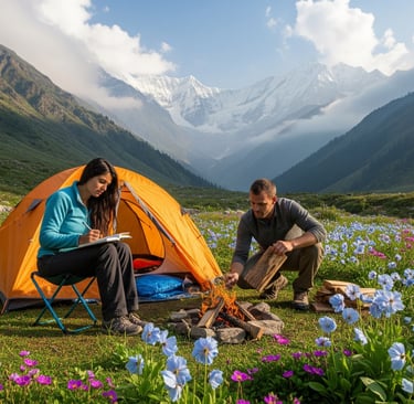 man and woman camping in valley, woman is writing in book