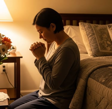 woman praying in bedroom nearby are flowers in vase
