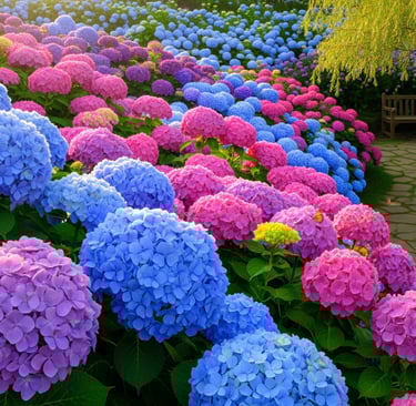big hydrangea blooms in stunning garden