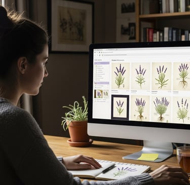 woman at computer looking at digital flower images