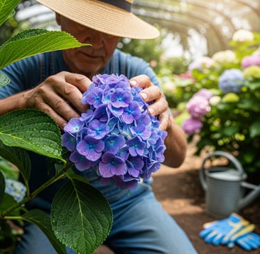 male gardener examing big hydrangea