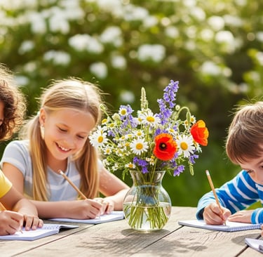 children sat down writing at outside table