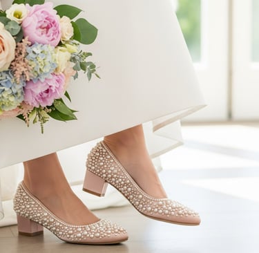 low heeled pink wedding shoes on woman holding bouquet
