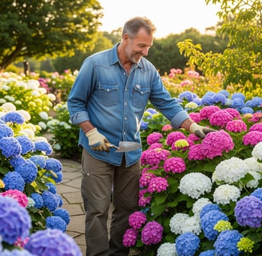 man smiling as he cares for large colorful flowers