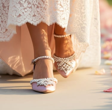 blush pink low heel peal wedding shoes on feet of bride