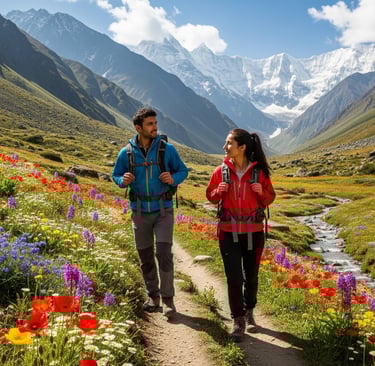 man and woman hiking in the valley of the flowers