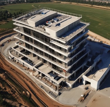 An aerial view of a reinforced building under construction.