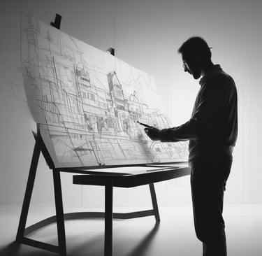 A professional engineer reviewing architectural plans on a large table in an office.