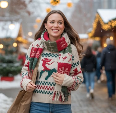 a woman in a sweater and jeans walking down a street