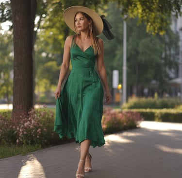 a woman in a green dress and hat walking down a sidewalk