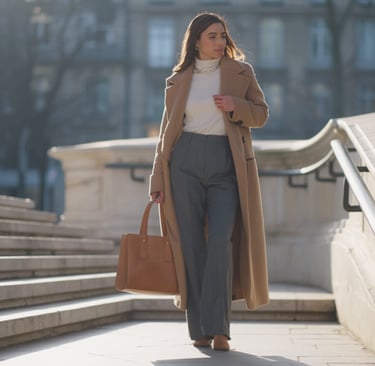 Woman in a camel maxi coat and wide-leg trousers standing on steps, quiet luxury winter fashion