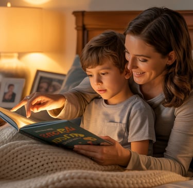 a woman and child reading a book together