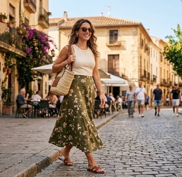 A woman in a floral skirt and straw bag walks down a sunny cobblestone street in a European village.