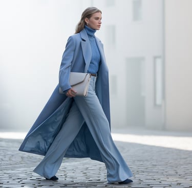 Woman wearing a high-end monochromatic glacial blue maxi coat and cashmere turtleneck