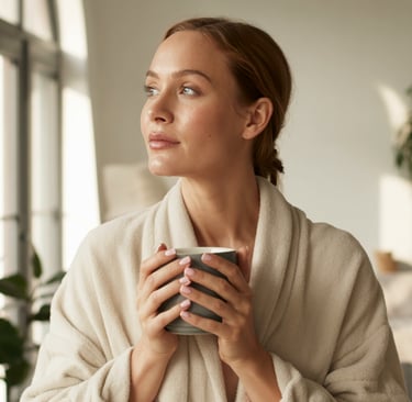 Woman in luxury cashmere robe enjoying a healthy, rested morning at sunrise.