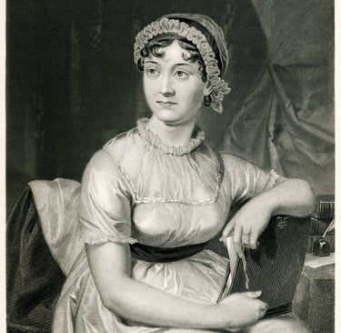 Vintage engraving of Jane Austen seated with a book, representing her quiet, thoughtful spirit