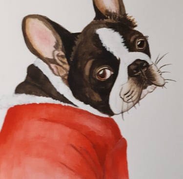 watercolor painting of a French Bulldog wearing a red Santa outfit looking over his shoulder