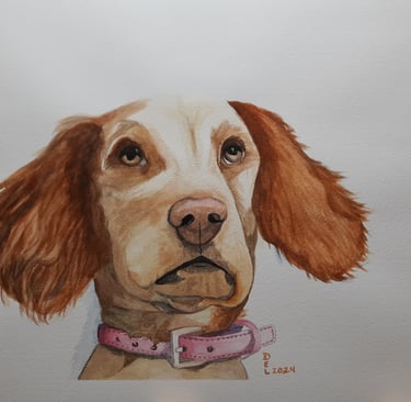 watercolor painting of a spaniel wearing a pink collar