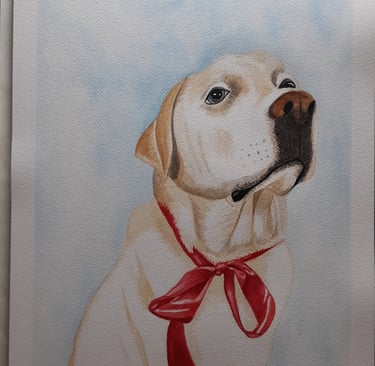 watercolor painting of a yellow labrador retriever wearing a big red bow around its neck