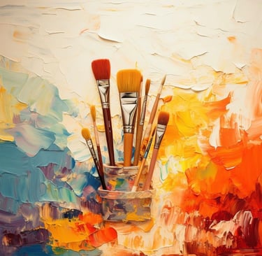 Paintbrushes in container with a colorful textured abstract background of blue,orange & yellow oil
