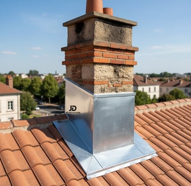 abergement de cheminée en zinc soudé par zingueur sur toiture tuile