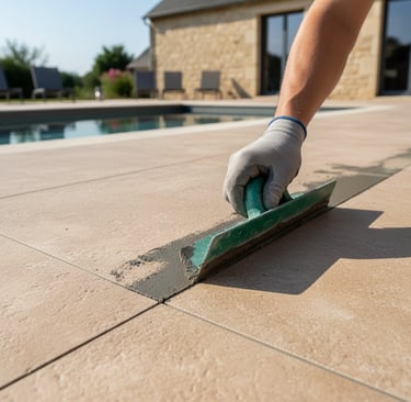 Carrelage de plage de piscine en grès cérame effet travertin beige, antidérapant, installé à Orléans (Loiret).