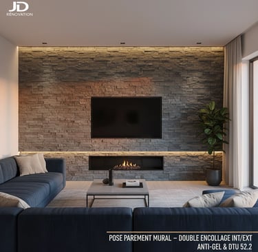 mur d'accent salon contemporain parement pierre naturelle quartzite
