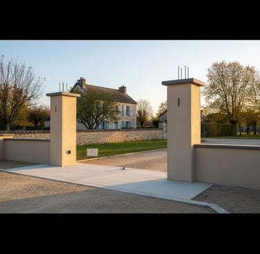 piliers de portail enduit taloché beige et chapeaux plats béton Loiret