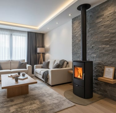 poêle à bois contemporain noir et conduit sécurisé DTU 24.1 Orléans