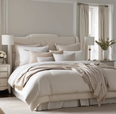 Cozy bedroom with elegant bedding and soft lighting.
