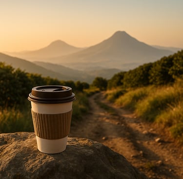 a cup of coffee on a rock with a view of mountains in the background