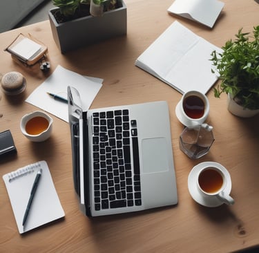 A professional workspace with a laptop, notepad, and a cup of tea.