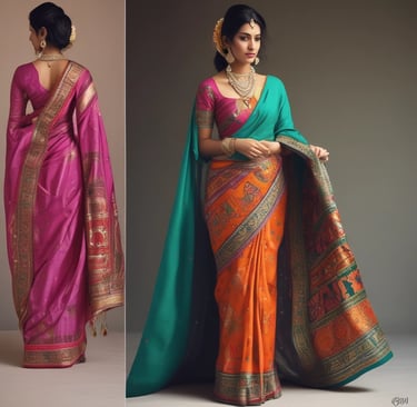 Woman wearing a colorful traditional Indian silk saree with gold embroidery and bridal jewelry.