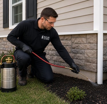 Pest control technician in black uniform, gloves, and safety glasses applying pesticide treatment to a home's foundation