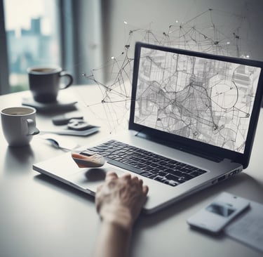 Modern office workspace with computer, coffee cup, and contact tools on desk