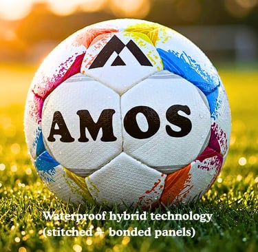 Colorful waterproof AMOS size 4 football for kids of age 8 to 12 years on a grassy field at sunset.