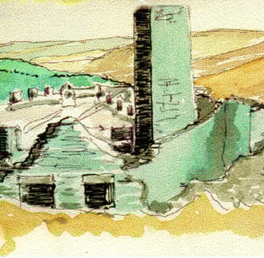 Watercolor sketch of historic stone ruins with a tall tower overlooking rolling green hills.