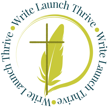 KingdomCOMM identifier with words "write, launch, thrive" for Christian writers. 
