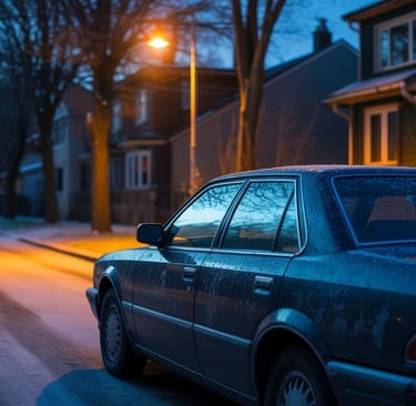 Coche estacionado en una calle nevada al anochecer, iluminada por las farolas del vecindario.