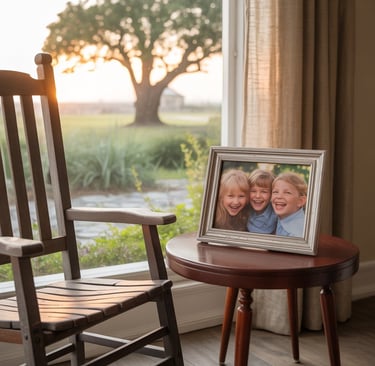 Silla mecedora vacía y mesa con foto de tres niñas sonrientes en una sala luminosa al atardecer,.