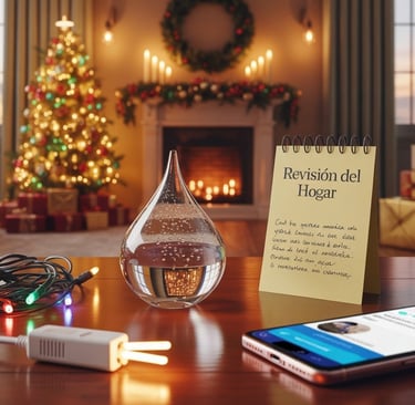 Salón navideño con un calendario, luces decorativas y un móvil con el árbol y la chimenea encendida.