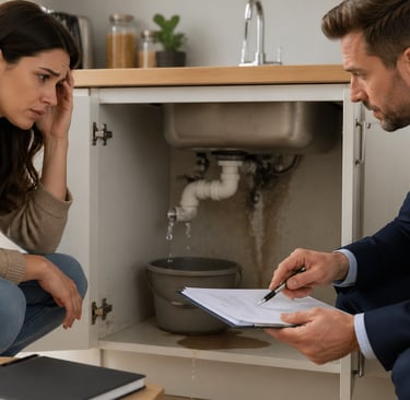 Persona preocupada ante una fuga de agua bajo el fregadero mientras recibe asesoramiento sobre él.