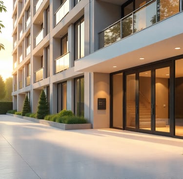 Fachada moderna de un edificio residencial con entrada acristalada, zonas ajardinadas y luz cálida.