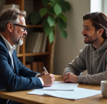 Un asesor y un cliente conversan sonrientes en una oficina, transmitiendo confianza.