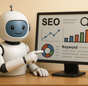 Robô de inteligência artificial mostrando os resultados de SEO em uma tela de computador