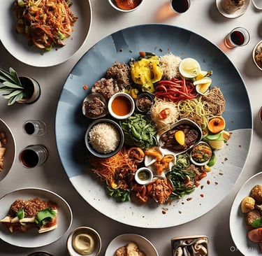 a plate of food and drinks on a table