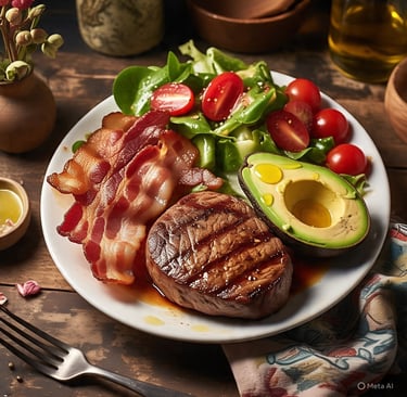 keto diet,a plate of food with bacon, avocado, and avocado