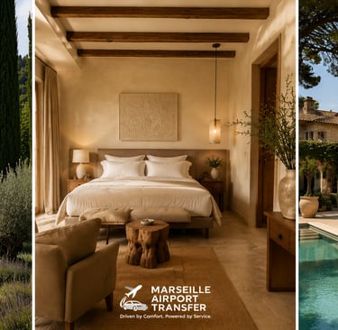 Luxury Marseille airport transfer service arriving at a rustic villa with a pool and elegant bedroom.